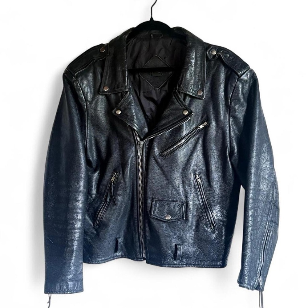 Vintage 90s Stefano Leather Biker Moto Jacket Black XL Men's Full Zip Lined